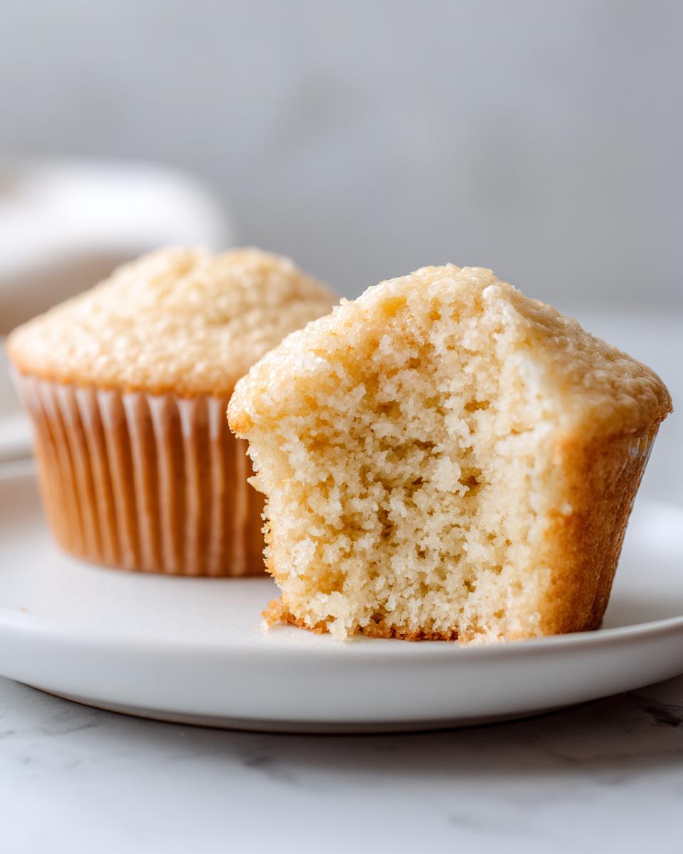 A vanilla cupcake broken in half showing its moist, tender crumb texture, with another whole vanilla cupcake in the background.