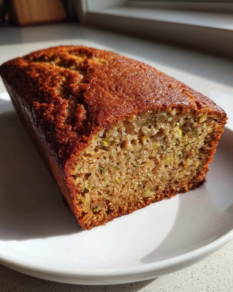 A golden-brown loaf of homemade zucchini bread, sliced to show the moist crumb with visible green shreds of zucchini.