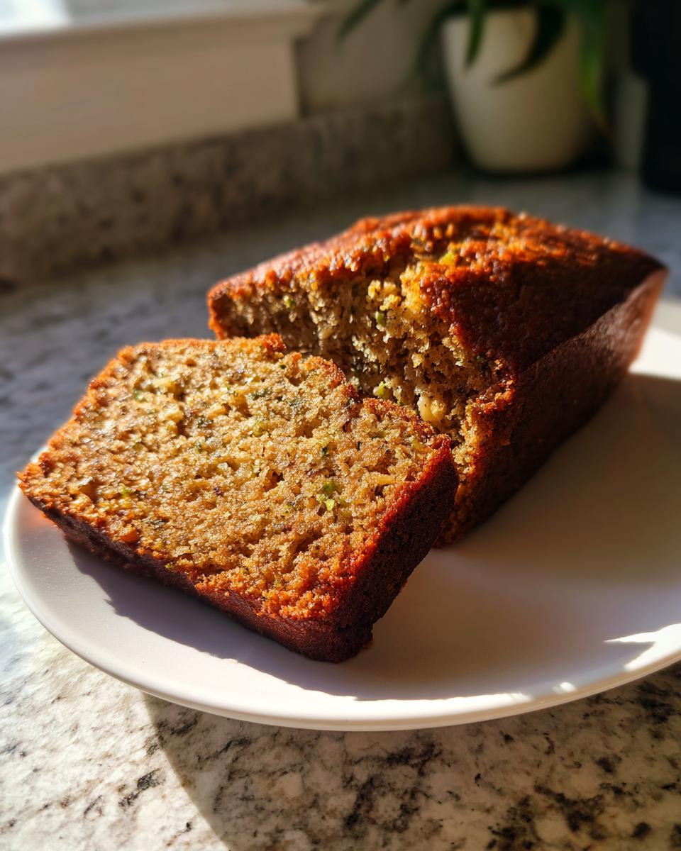 A close-up of a freshly baked loaf of zucchini bread, with one thick slice cut and leaning against the main loaf on a white plate.