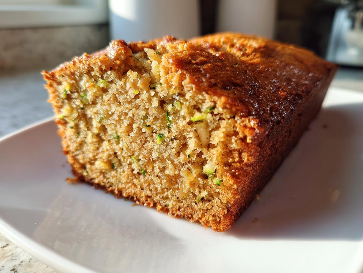 Close-up of a moist slice of homemade zucchini bread showing visible green shreds of zucchini.