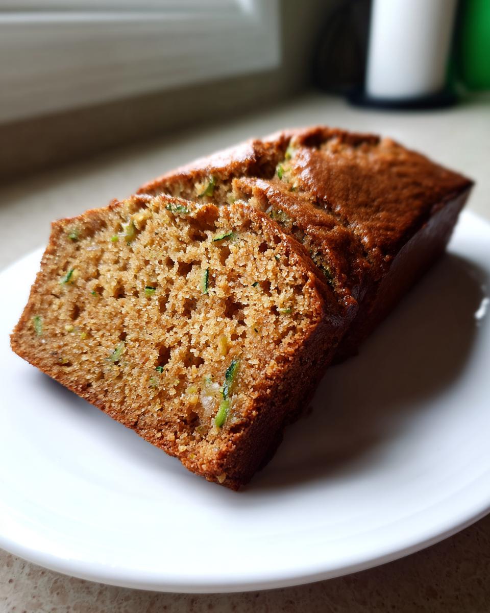 Two thick slices of moist, brown zucchini bread showing flecks of green zucchini on a white plate.