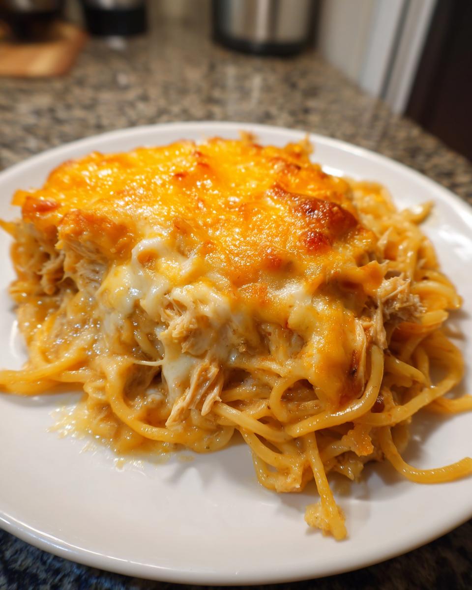 A close-up of a serving of Monterey chicken spaghetti topped with melted, golden-brown cheese.