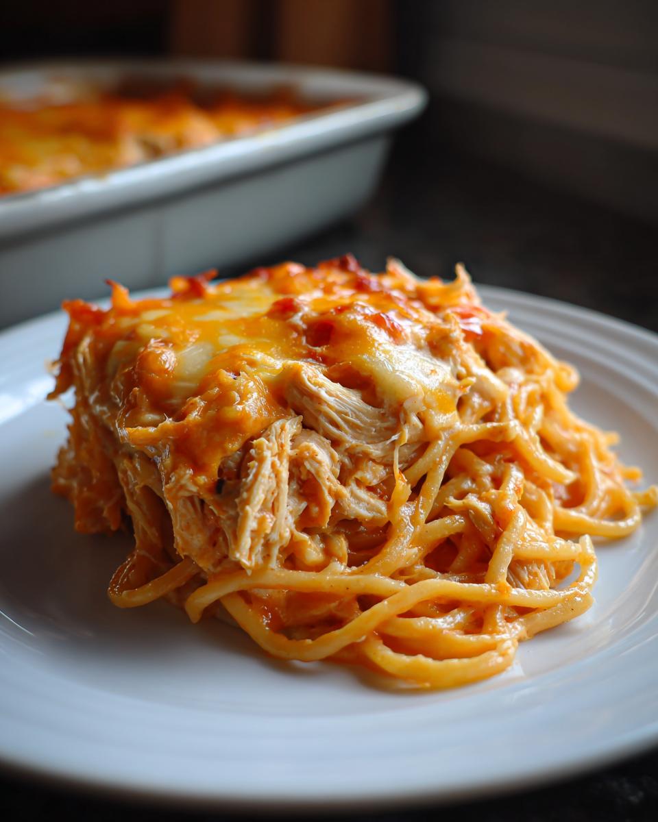 A close-up serving of cheesy Monterey chicken spaghetti on a white plate, with the baking dish blurred in the background.