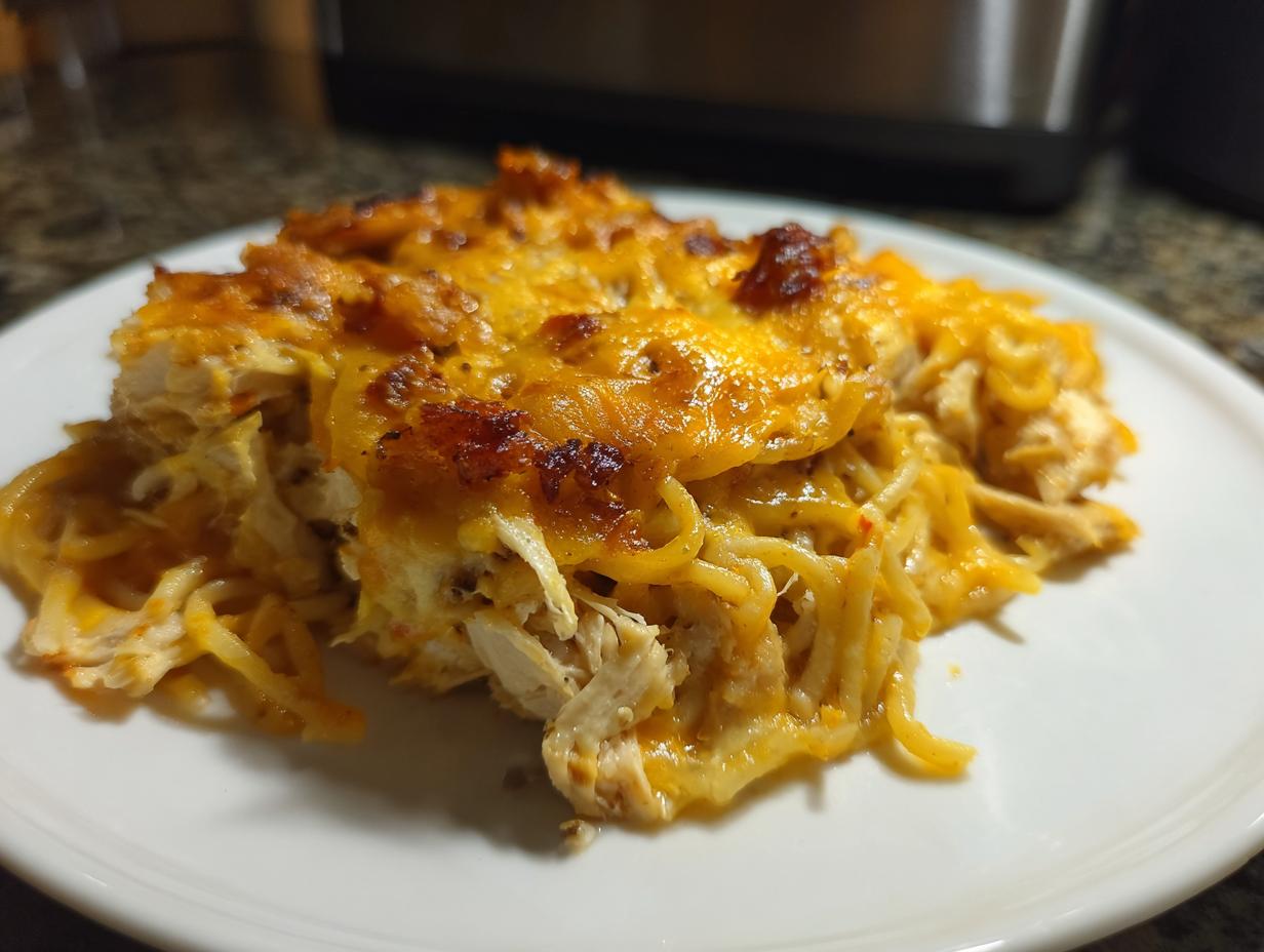 A close-up serving of baked Monterey chicken spaghetti topped with bubbly, browned cheddar cheese.