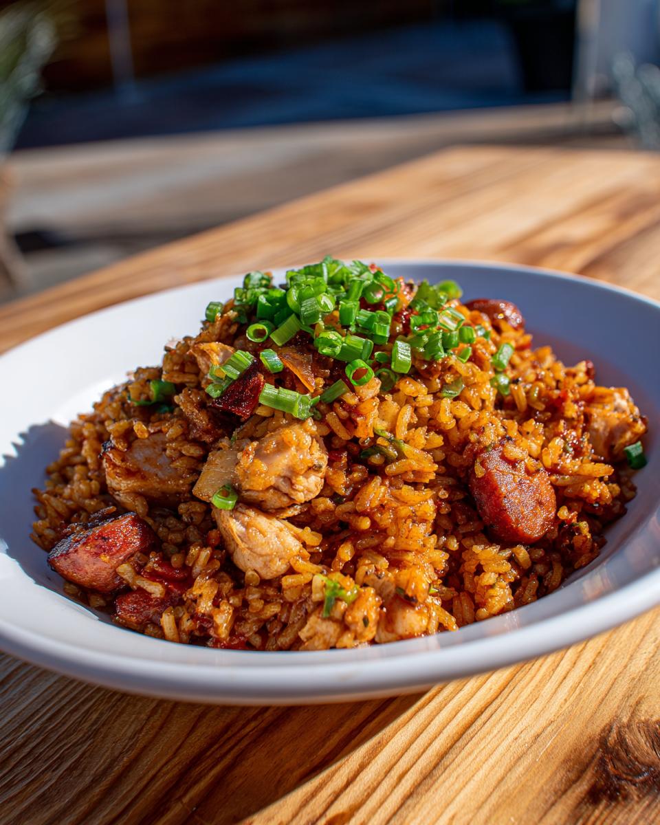 A close-up of a bowl of rich, brown Jambalaya mixed with chicken and sausage, topped with fresh green onions.
