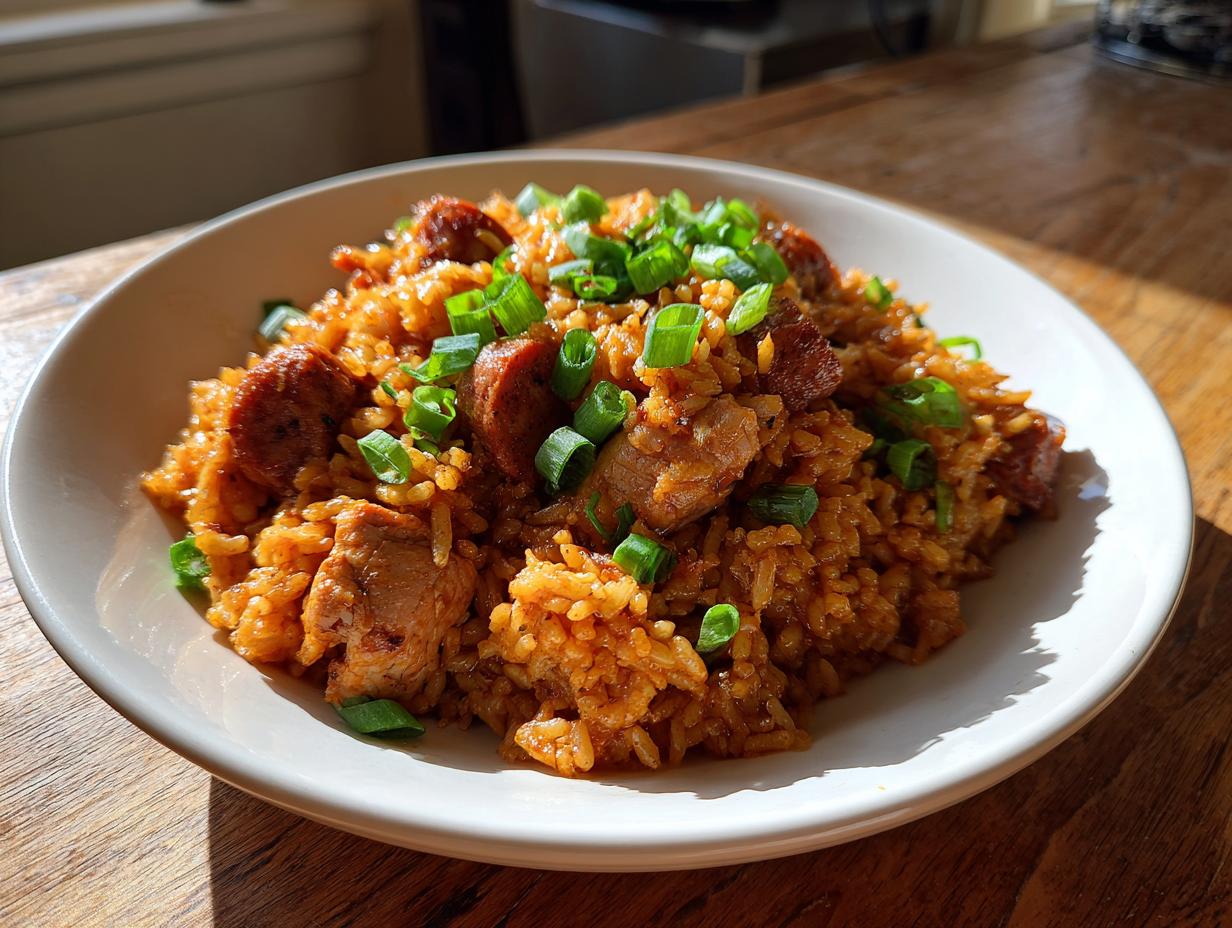A close-up of a white bowl filled with rich, orange-hued Jambalaya, featuring chunks of sausage and topped with fresh green onions.