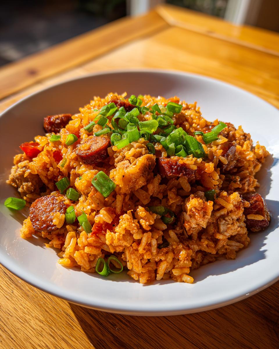 A close-up of a white bowl filled with rich, orange-hued Jambalaya topped with sliced smoked sausage and green onions.