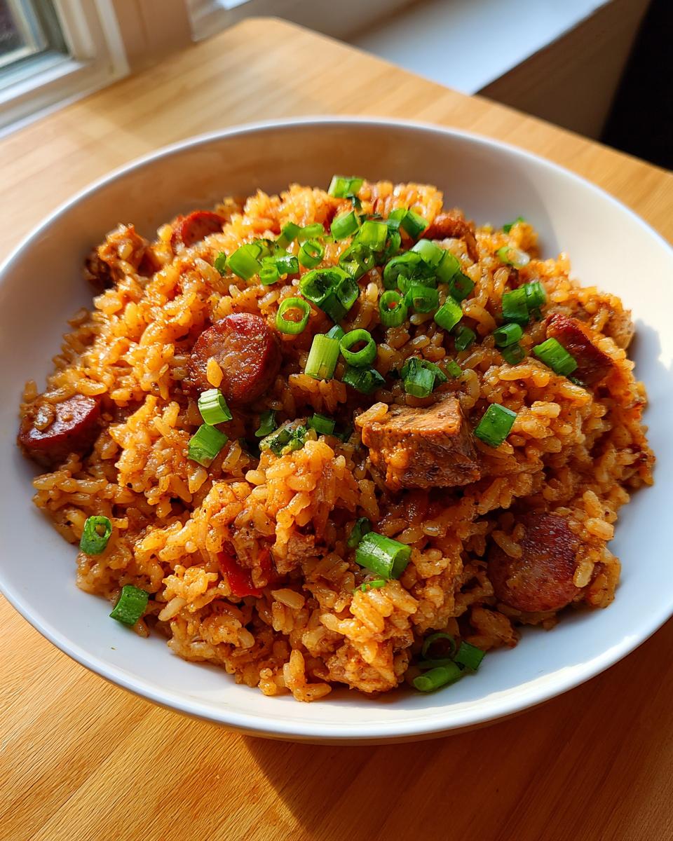 A close-up of a white bowl filled with rich, orange-colored Jambalaya topped with sliced sausage and fresh green onions.