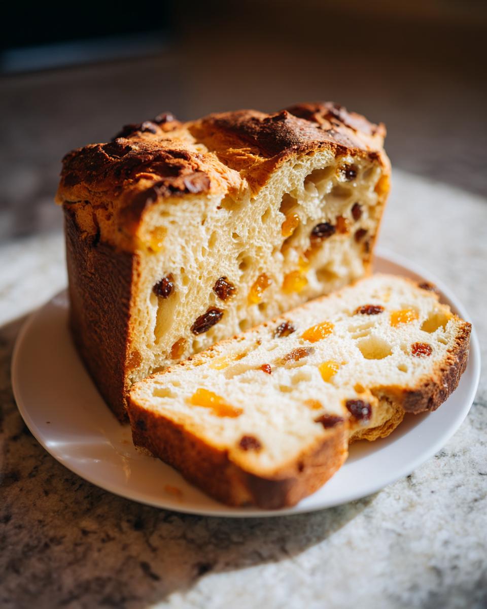 A freshly baked Panettone loaf, sliced to reveal a soft interior studded with raisins and dried apricots.