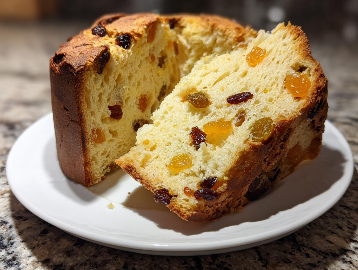 A slice of homemade Panettone on a white plate, showing its fluffy texture filled with raisins and dried apricots.