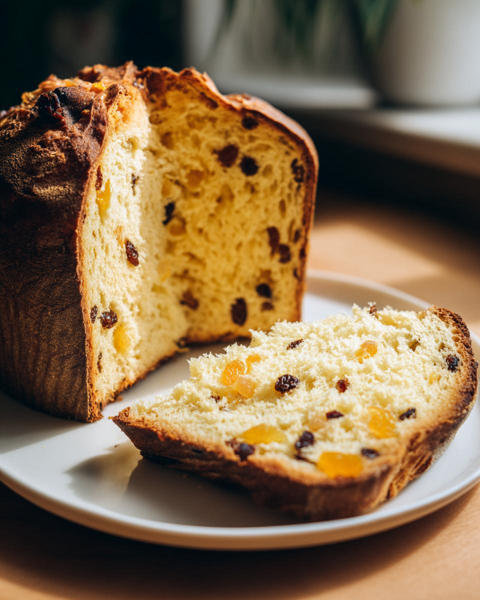 A slice of homemade Panettone on a white plate, showcasing its fluffy texture and candied fruits.