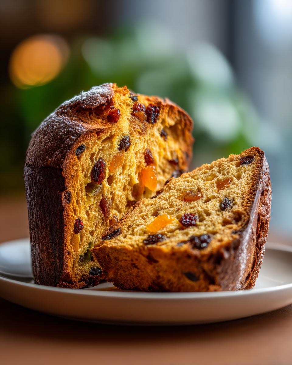 A close-up of a slice of Panettone, a sweet Italian bread, filled with raisins and candied orange peel, dusted with powdered sugar.