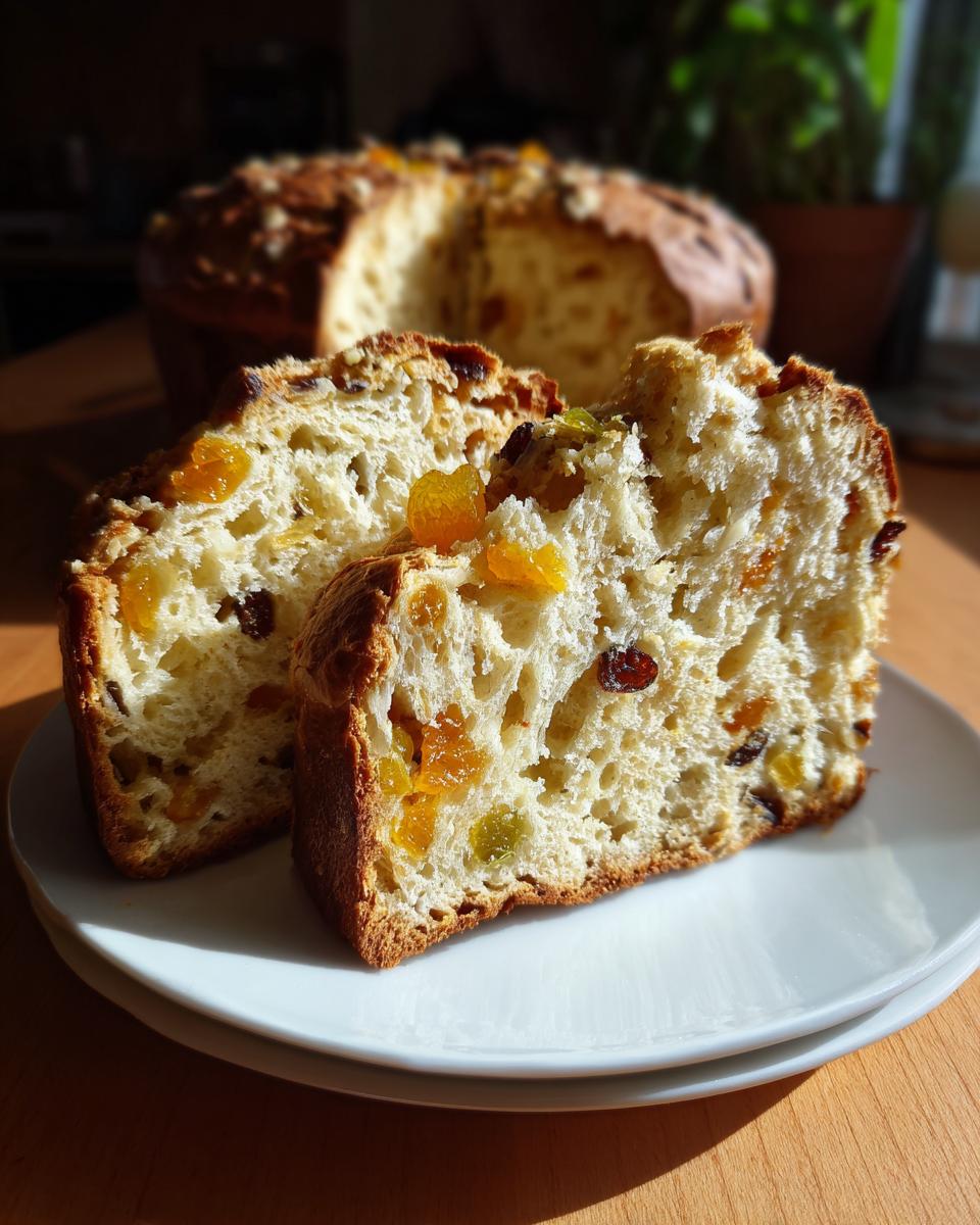 Two slices of homemade Panettone on a white plate, showing the fluffy interior with raisins and candied fruit.