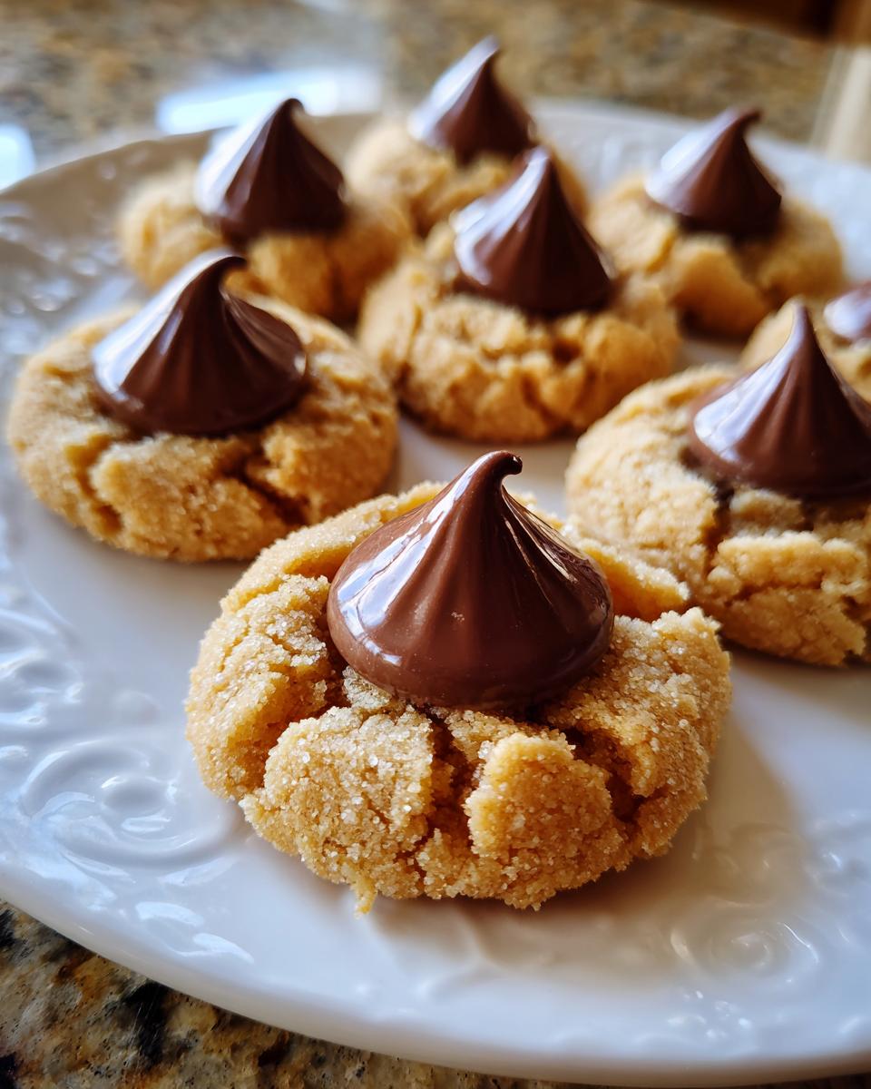 A close-up of several delicious Peanut Butter Blossoms cookies, each topped with a chocolate kiss.