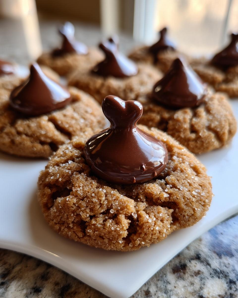 Close-up of a freshly baked Peanut Butter Blossoms cookie, topped with a Hershey's Kiss.