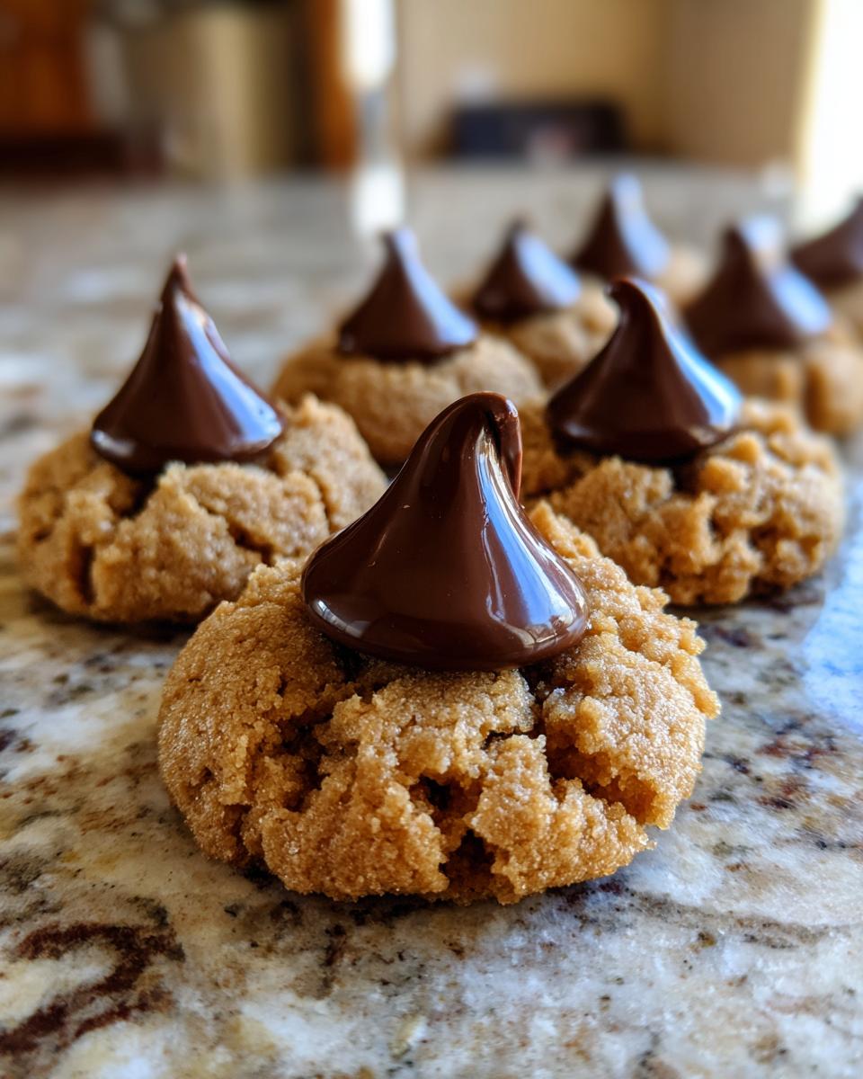 Close-up of freshly baked Peanut Butter Blossoms cookies topped with Hershey's Kisses.