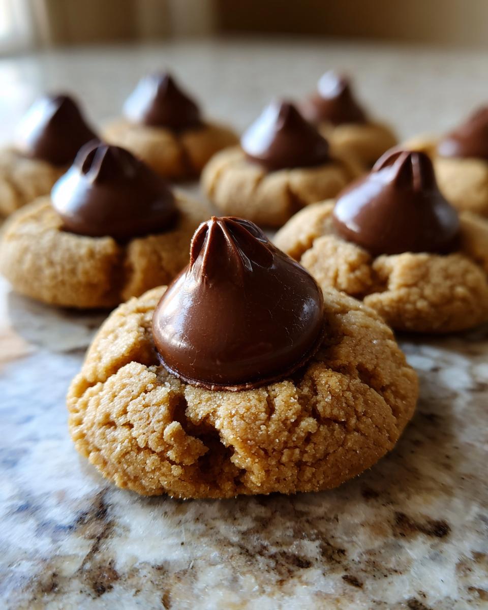 Close-up of delicious peanut butter blossoms cookies topped with shiny chocolate kisses.