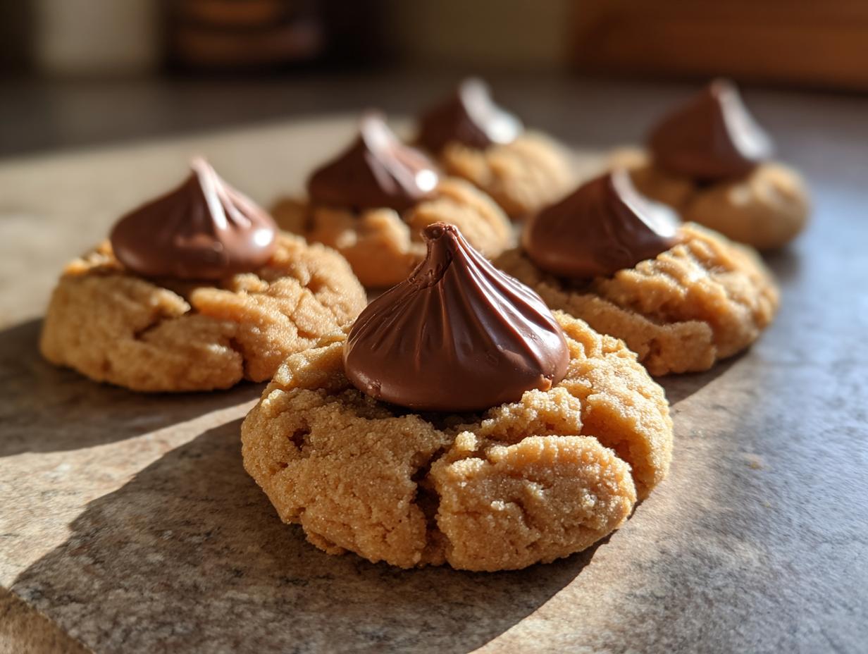 Close-up of several peanut butter blossoms cookies topped with chocolate kisses, bathed in sunlight.