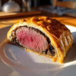 A close-up slice of Beef Wellington showing medium-rare pink center beef surrounded by duxelles and golden puff pastry.
