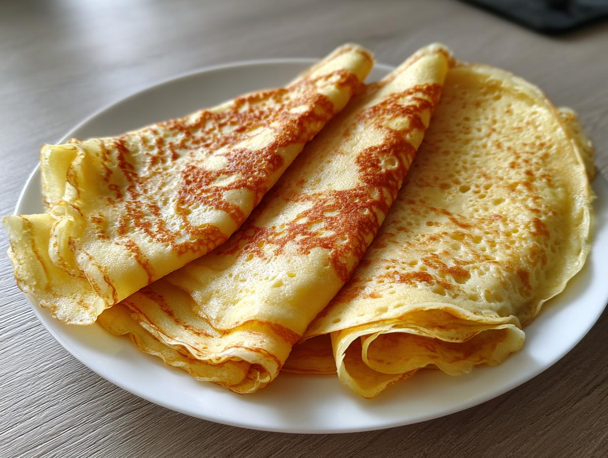 Three golden brown, thin crepes folded neatly on a white plate, showcasing perfect batter texture.