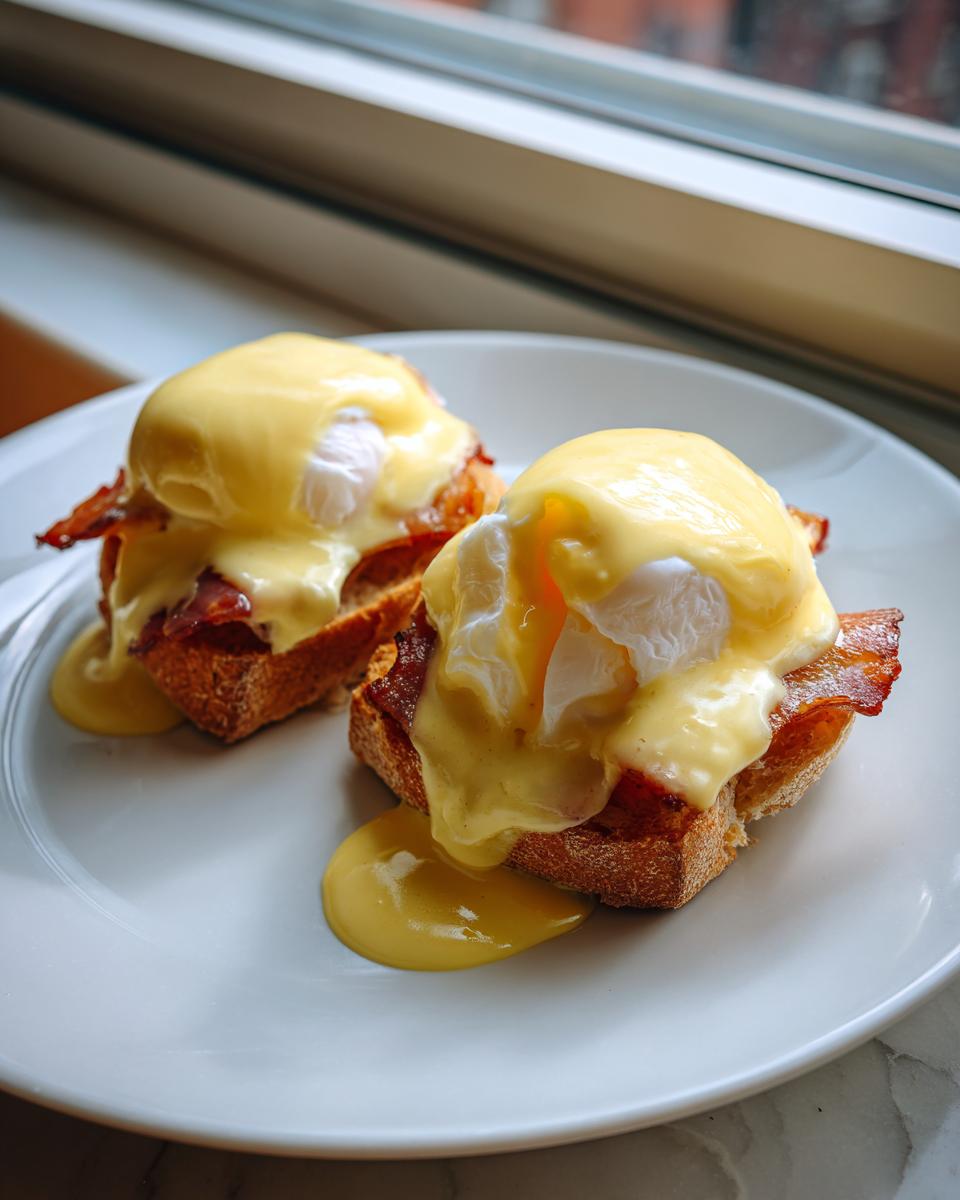 Two servings of classic eggs benedict featuring poached eggs and hollandaise sauce over bacon and toast.