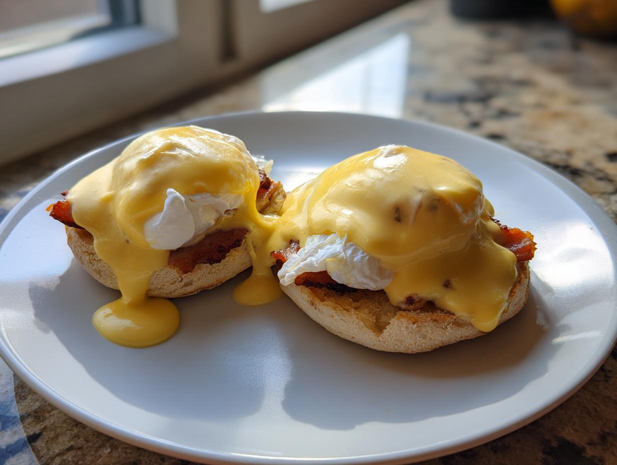 Two servings of classic eggs benedict featuring poached eggs, bacon, and rich hollandaise sauce on an English muffin.