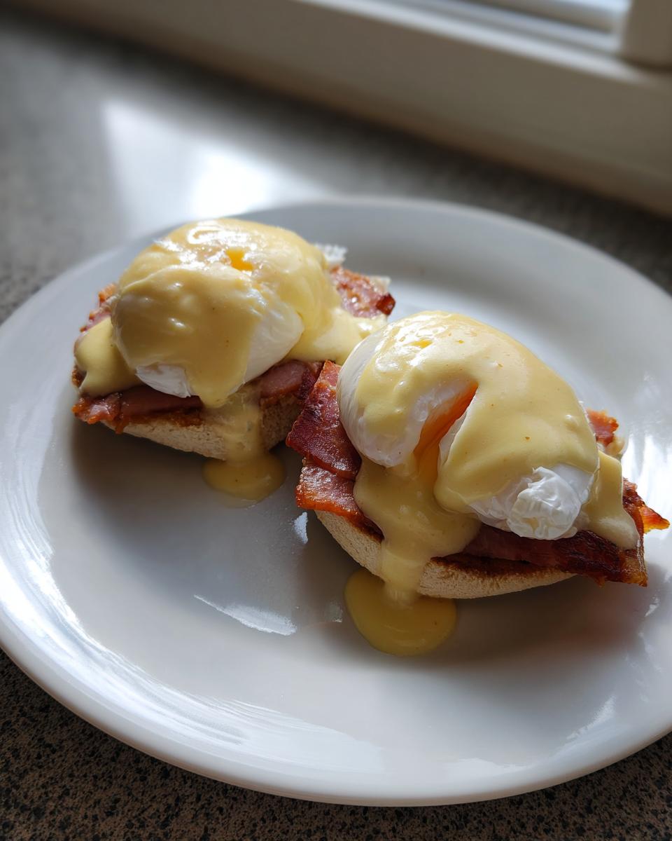 Two servings of classic eggs benedict featuring poached eggs, bacon, and rich hollandaise sauce on an English muffin.