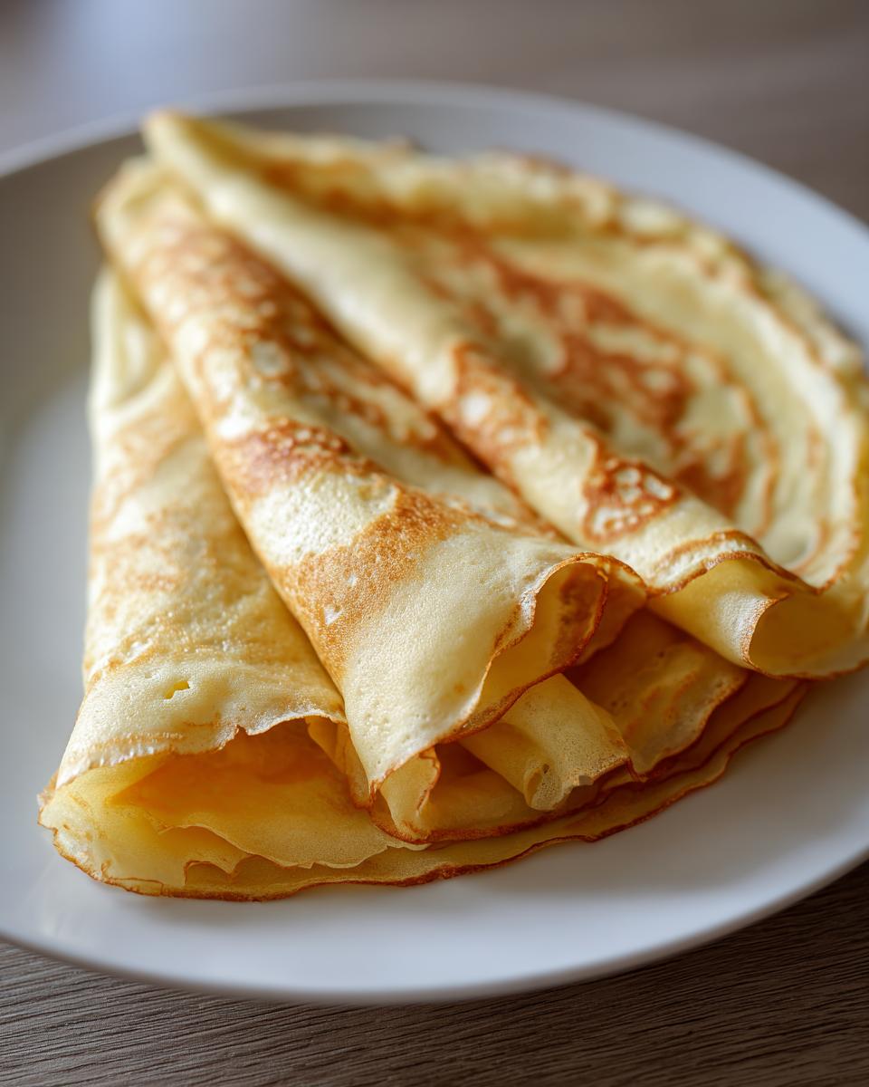 Close-up of several thin, golden-brown crepes folded neatly on a white plate, ready to be served.