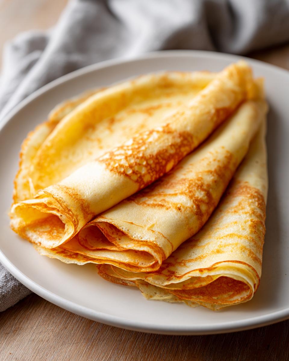 A stack of three golden, thinly folded crepes resting on a white plate, ready to be served.