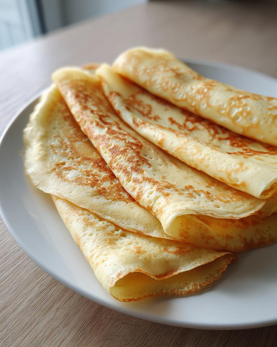 A stack of golden-brown, thinly folded Crepes resting on a white plate.