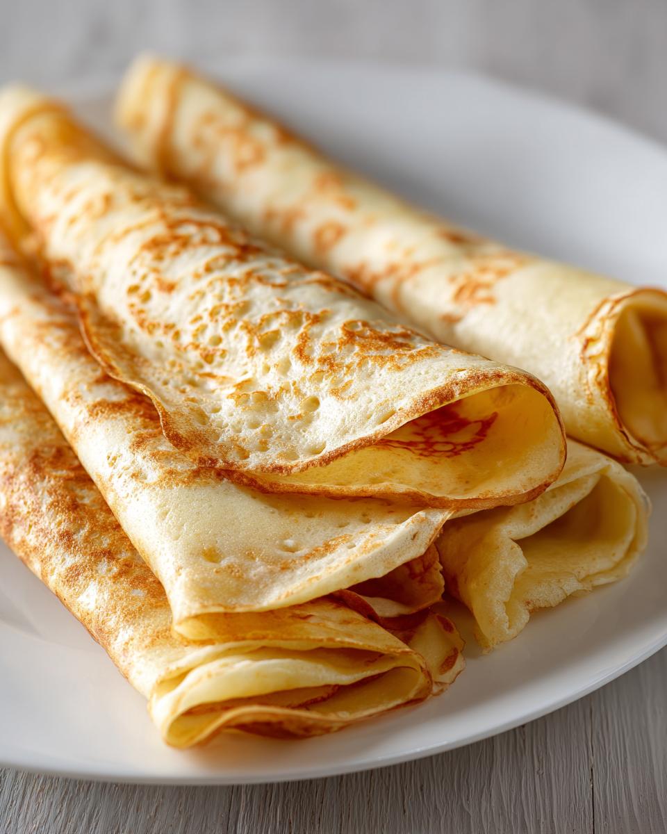 Close-up of several golden brown, thin crepes rolled neatly on a white plate.