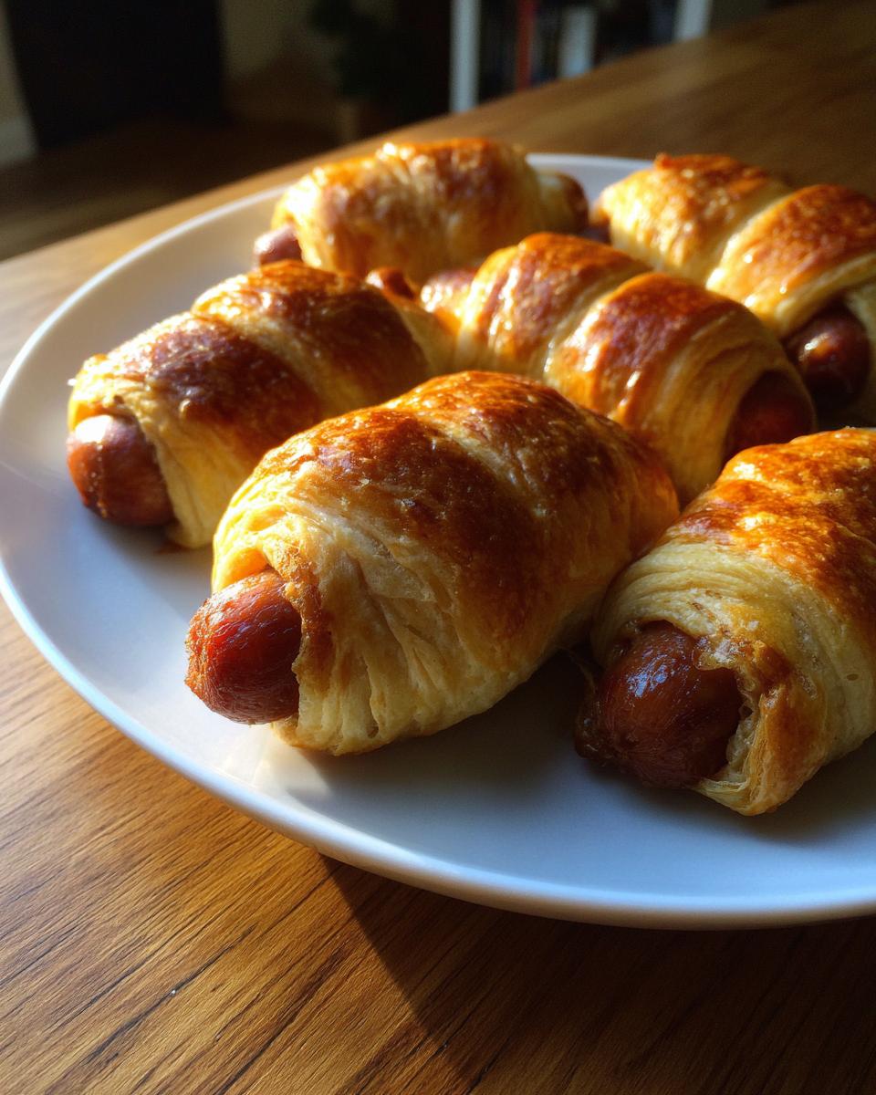 A close-up of several golden-brown pigs in a blanket on a white plate, ready to be enjoyed.