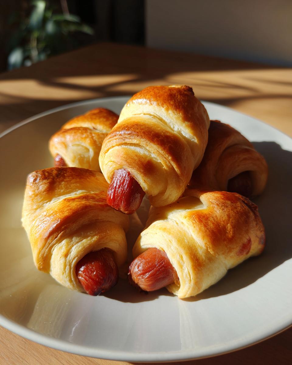 A close-up shot of golden brown pigs in a blanket, with the sausage peeking out, arranged on a light-colored plate.