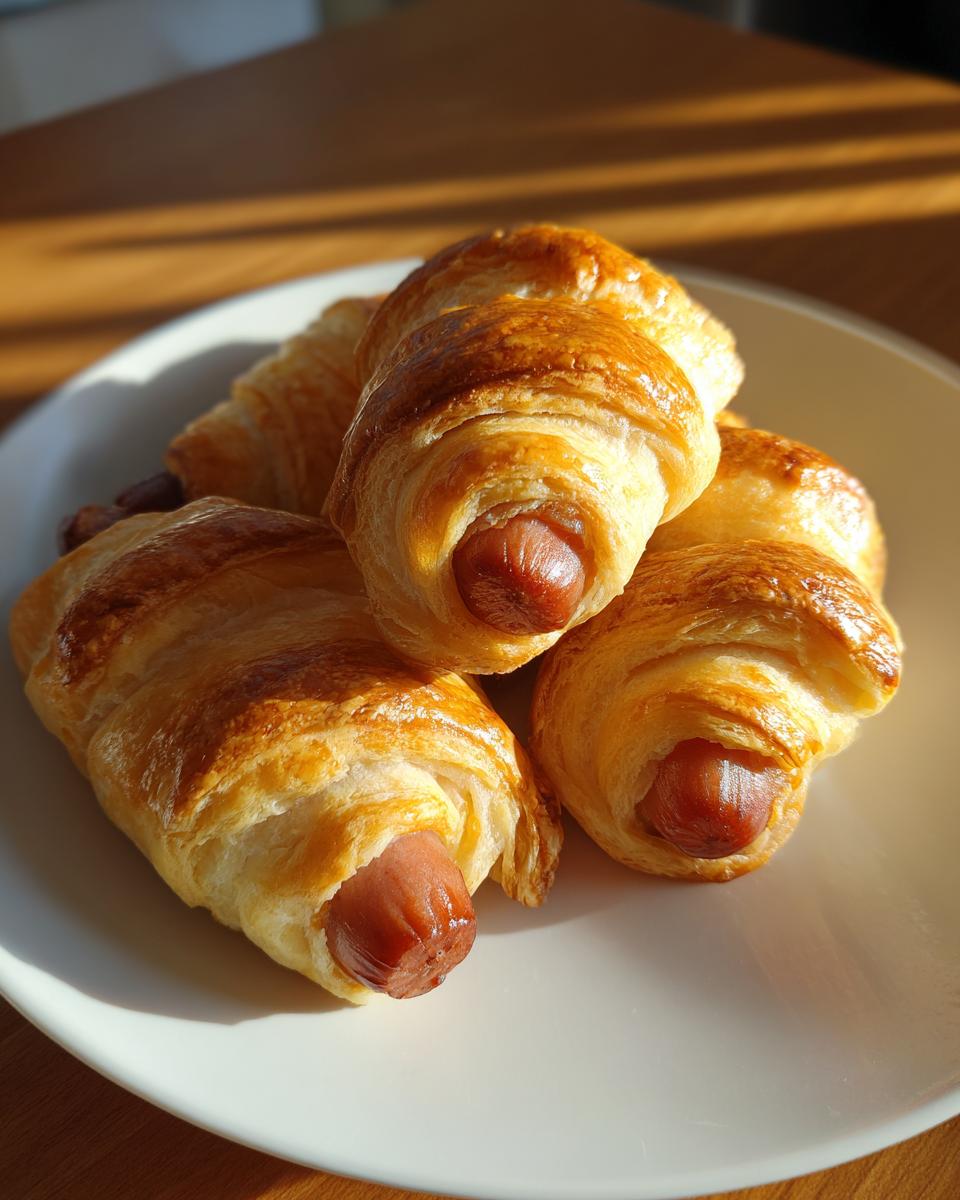 Close-up of golden-brown pigs in a blanket on a white plate, with a sausage peeking out of the pastry.