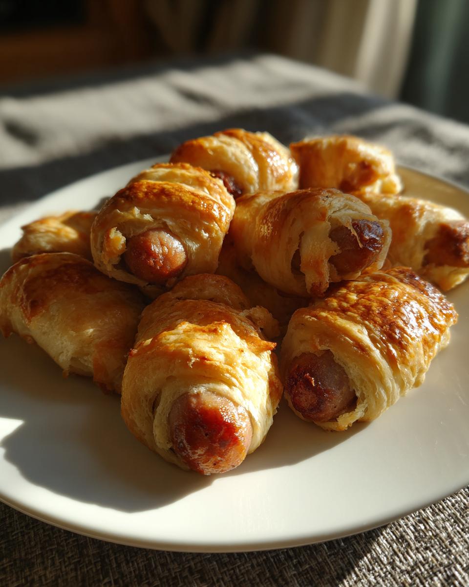 A close-up of golden-brown pigs in a blanket, showcasing flaky pastry wrapped around juicy sausages.