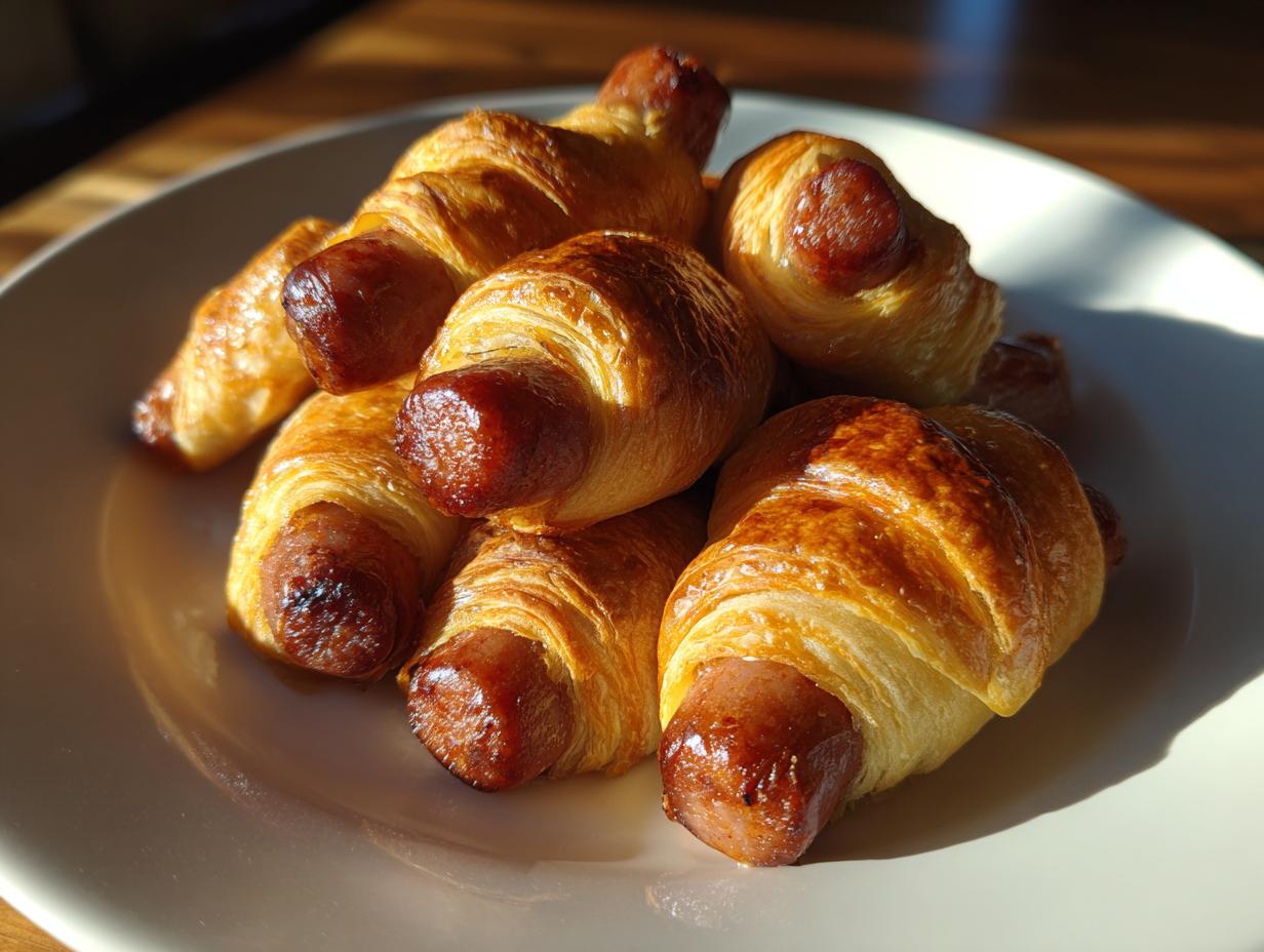 A pile of golden brown, flaky pigs in a blanket on a white plate, ready to be enjoyed.