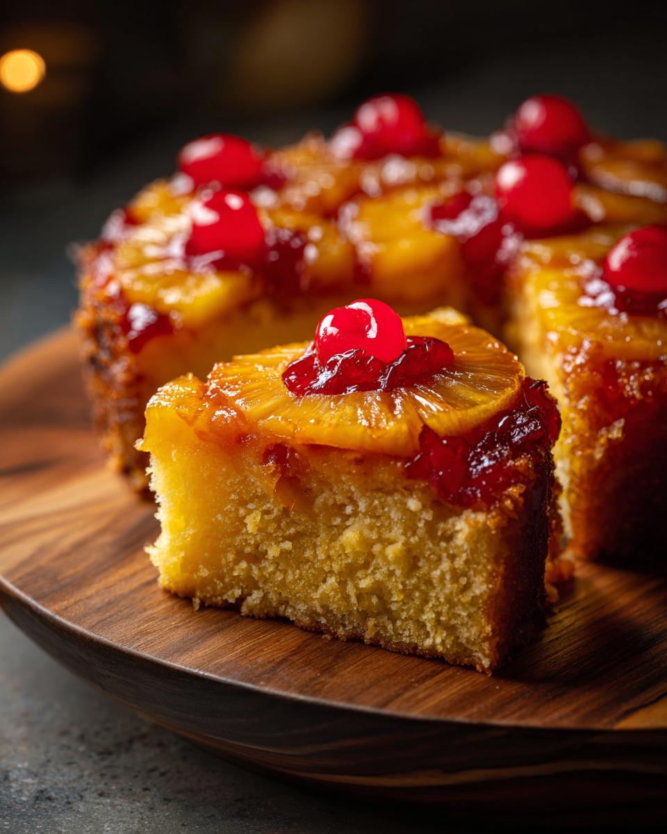 A slice of moist Pineapple Upside-Down Cake topped with pineapple rings and cherries, served on a wooden plate.