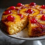 A slice of moist Pineapple Upside-Down Cake topped with caramelized pineapple rings and bright red cherries.