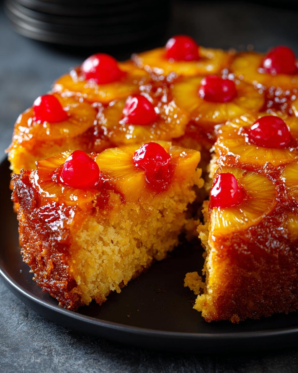 A slice of moist Pineapple Upside-Down Cake topped with pineapple rings and maraschino cherries.