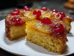A slice of moist Pineapple Upside-Down Cake topped with pineapple rings and maraschino cherries.