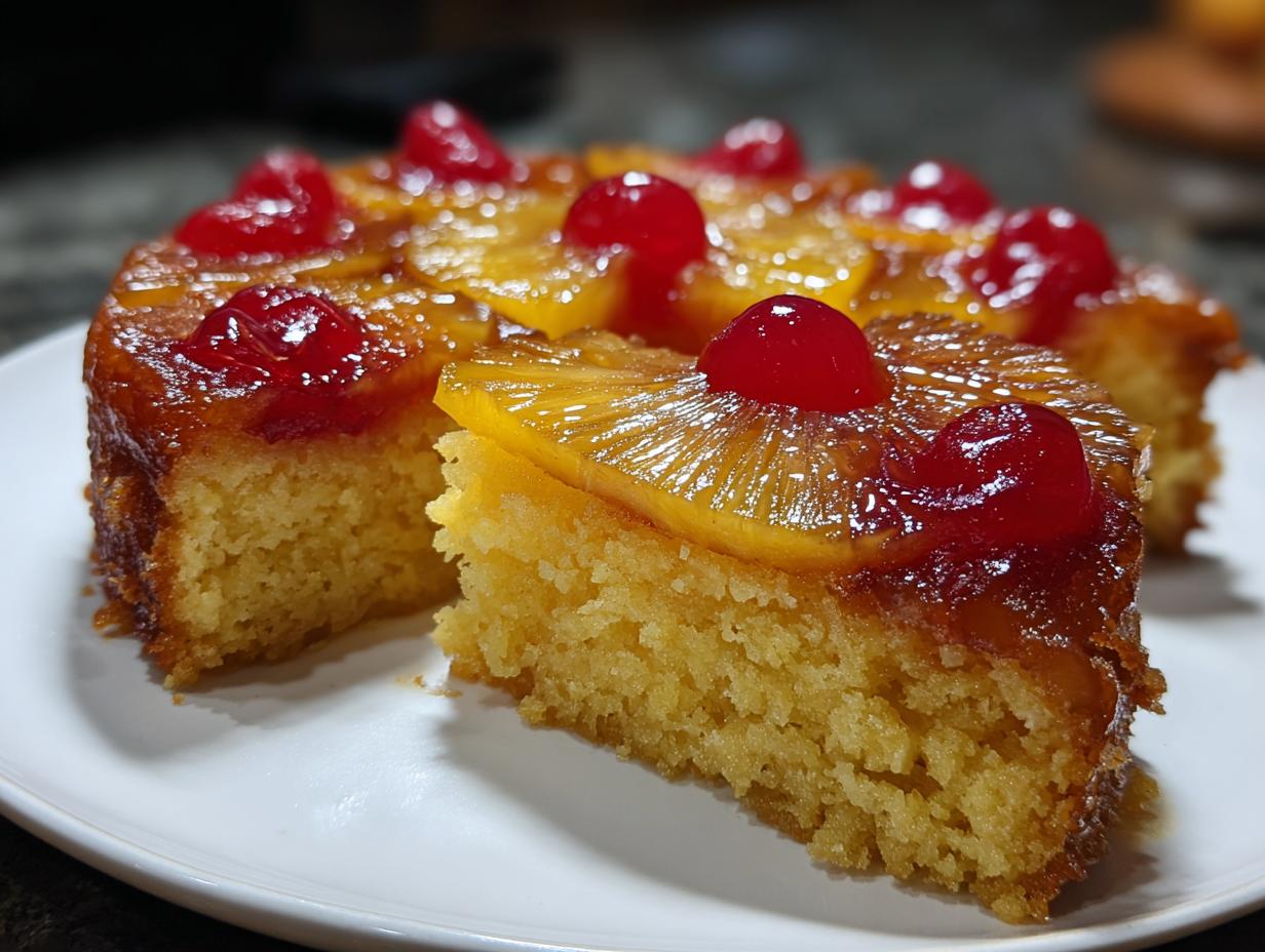 A slice of moist Pineapple Upside-Down Cake topped with pineapple rings and maraschino cherries.