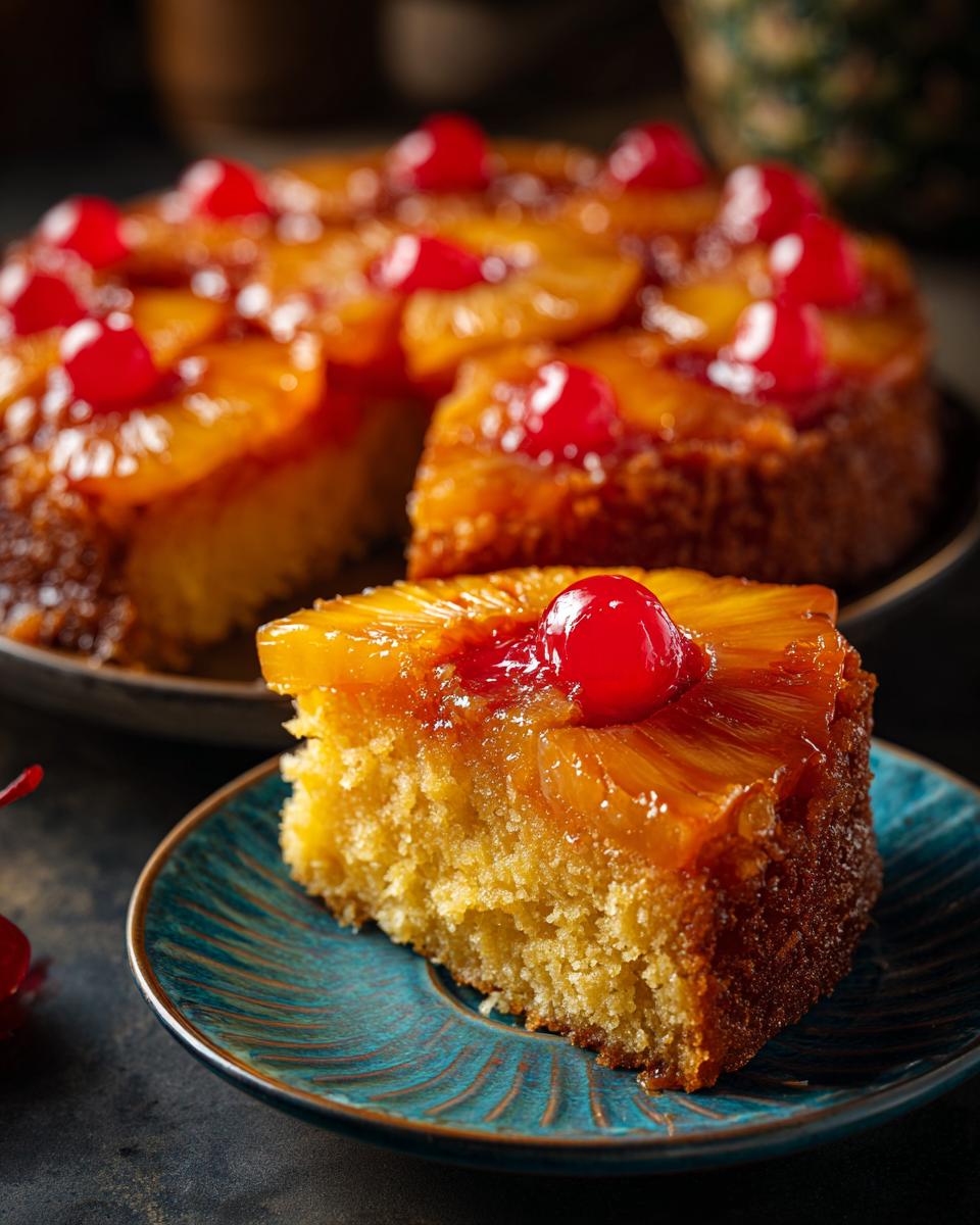 A slice of moist Pineapple Upside-Down Cake topped with caramelized pineapple rings and a bright red cherry.