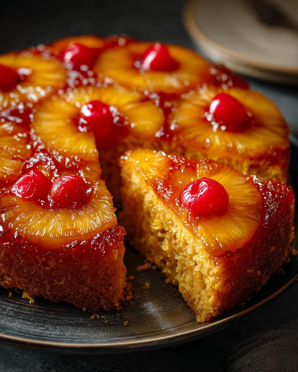 A slice of moist Pineapple Upside-Down Cake topped with caramelized pineapple rings and maraschino cherries.