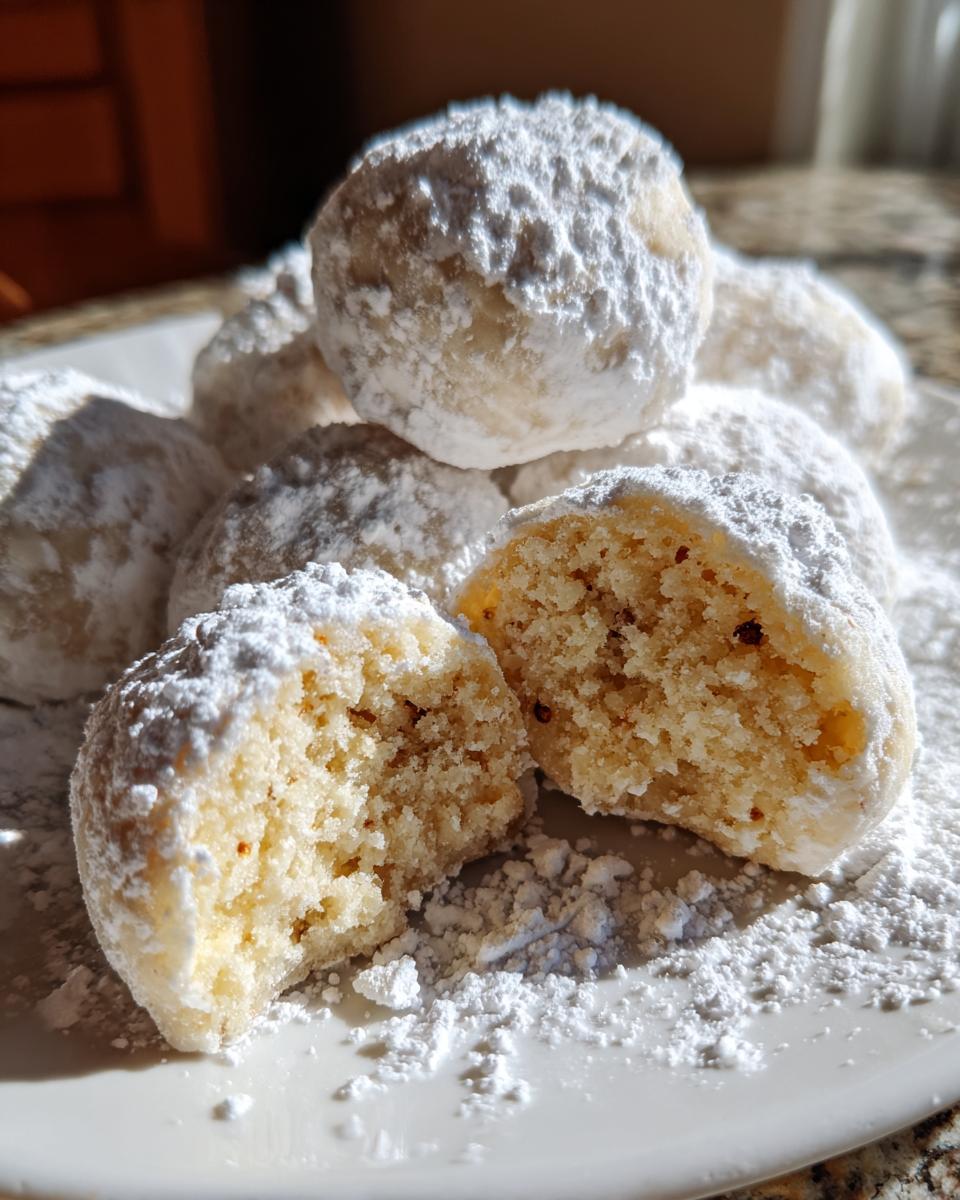 Close-up of several delicious russian tea cakes heavily dusted with powdered sugar, one cookie is broken open showing the crumb.