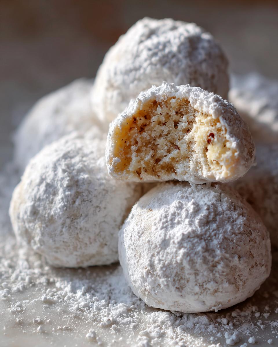A close-up of several delicious russian tea cakes heavily dusted in powdered sugar, with one cookie broken to show the crumbly interior.
