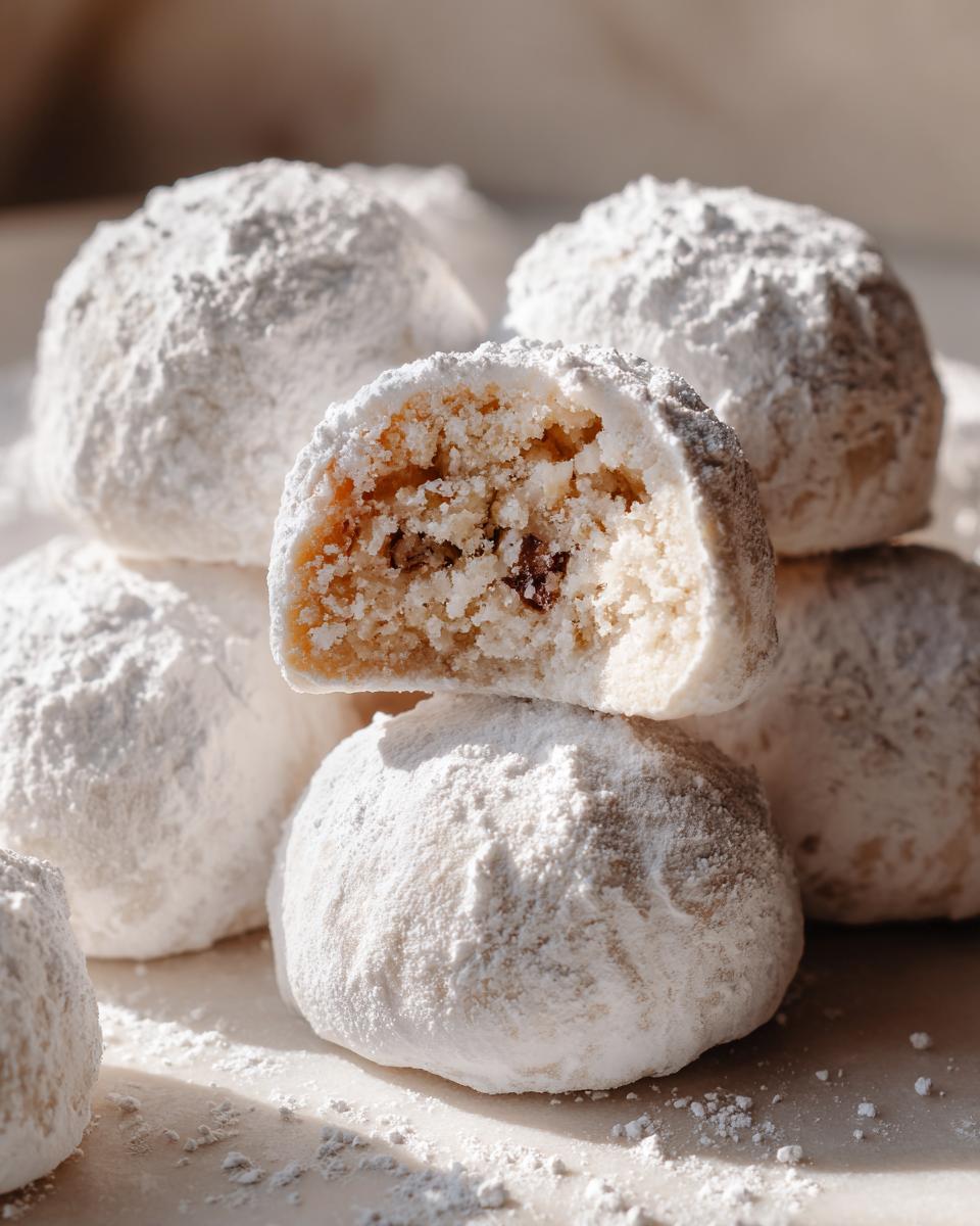 A stack of delicious russian tea cakes heavily dusted with powdered sugar, with one cookie cut in half showing the nutty interior.