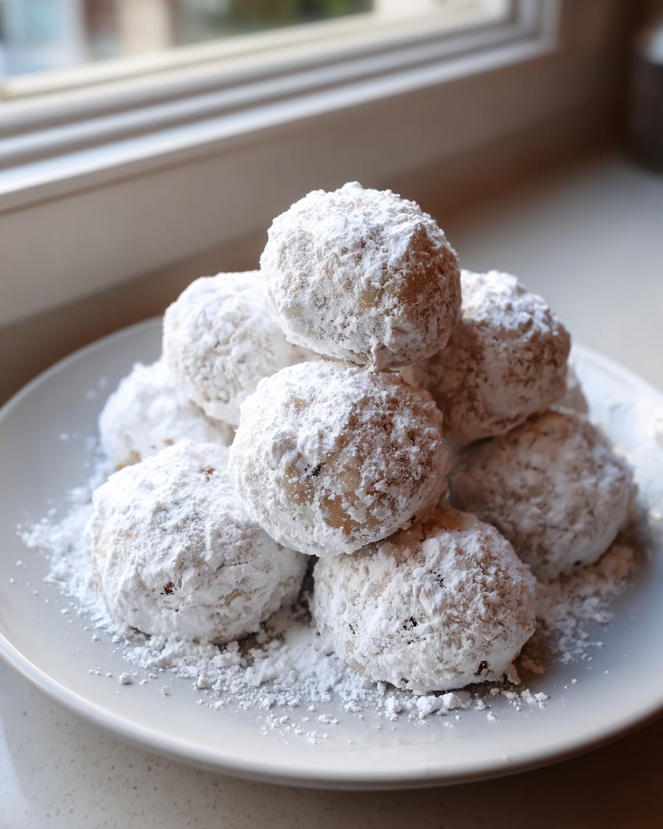 A stack of freshly made Snowball cookies generously coated in powdered sugar on a light gray plate.