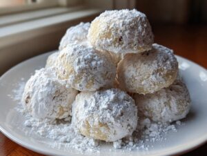 A close-up stack of freshly baked Snowball cookies heavily dusted with powdered sugar on a white plate.