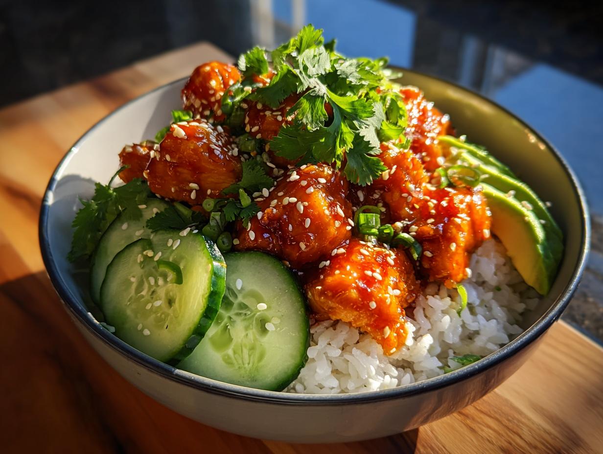 A close-up of a delicious salmon bowls featuring glazed protein over white rice, topped with cucumber, avocado, and cilantro.