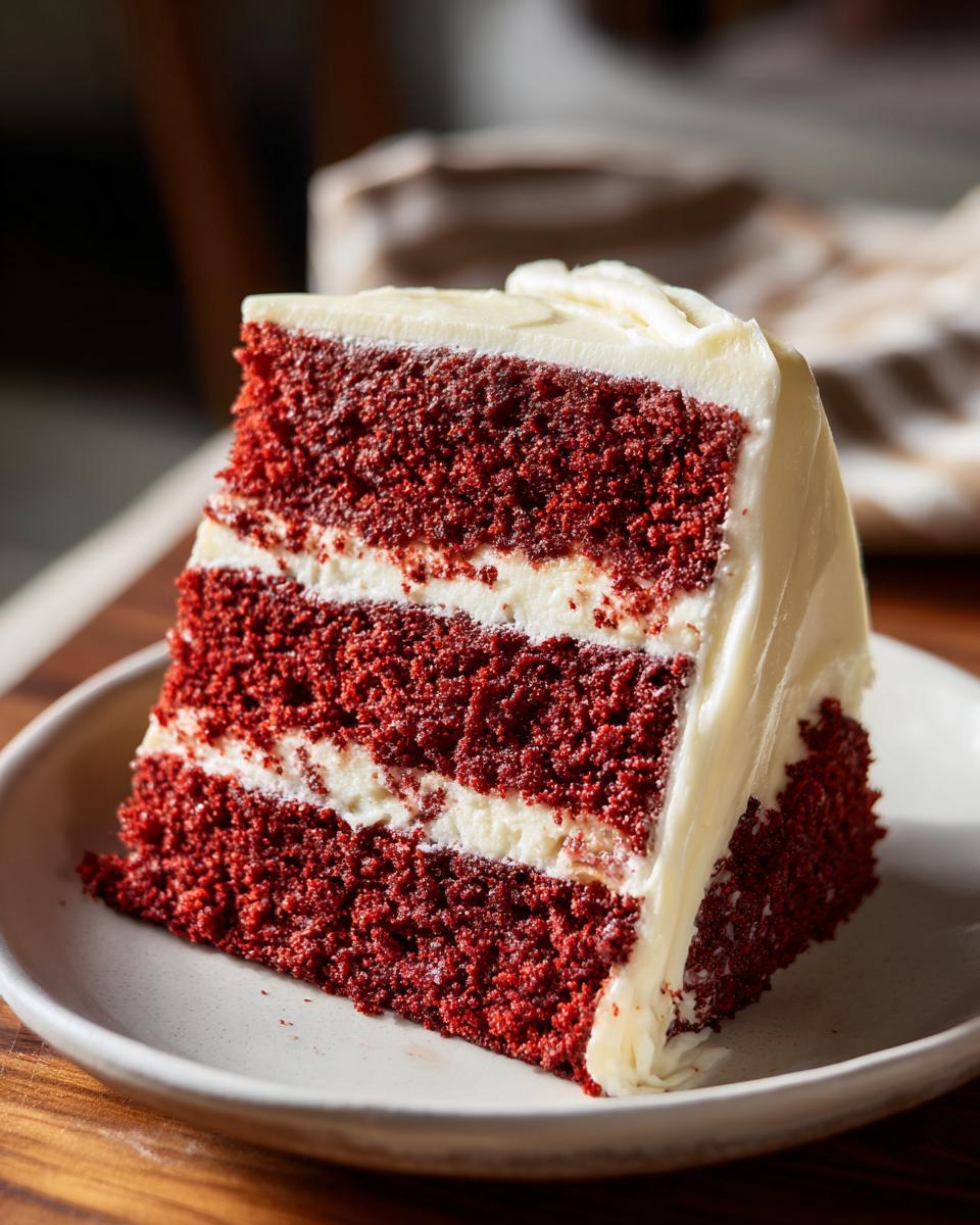 A delicious slice of moist Red Velvet cake with creamy white frosting, showcasing its rich red layers.